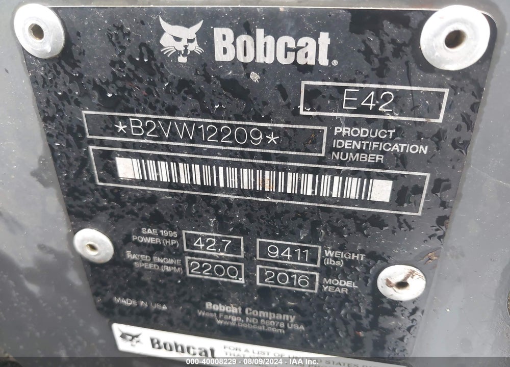 2016 BOBCAT E42T4 VIN: B2VW12209