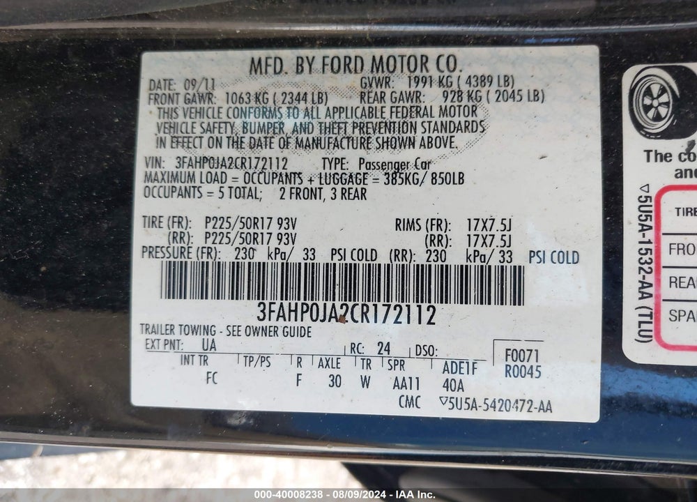 2012 FORD FUSION VIN: 3FAHP0JA2CR172112