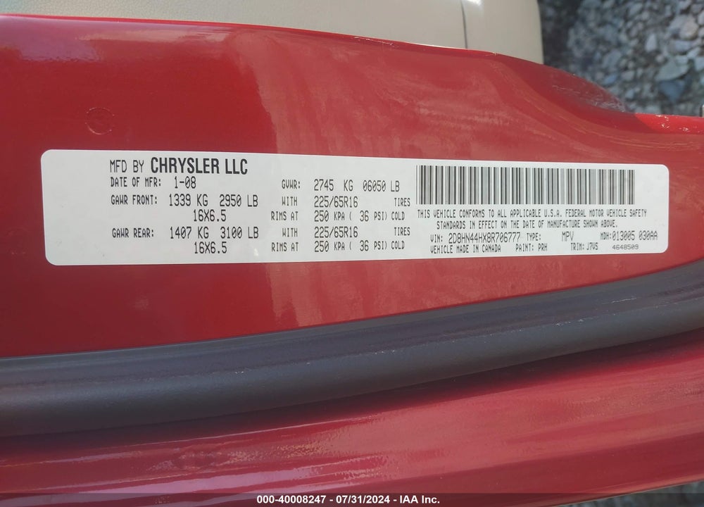 2008 DODGE GRAND CARAVAN SE VIN: 2D8HN44HX8R706777