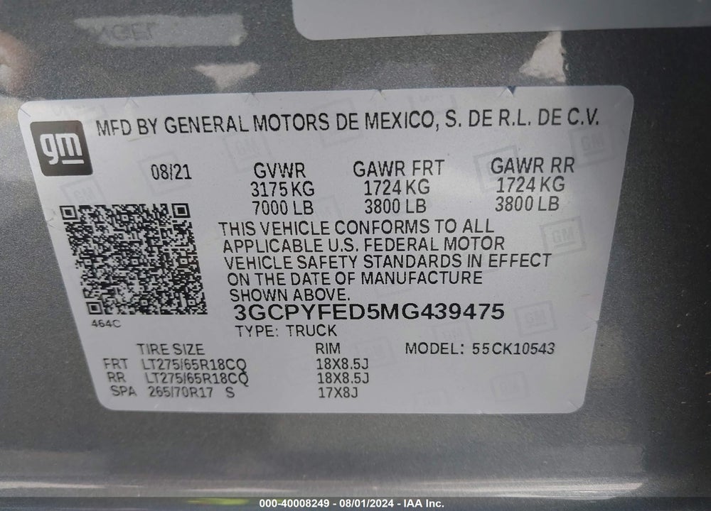 2021 CHEVROLET SILVERADO 1500 4WD SHORT BED LT TRAIL BOSS VIN: 3GCPYFED5MG439475