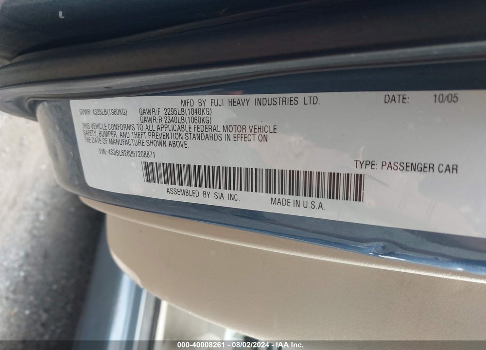 2006 SUBARU LEGACY 2.5I/2.5I LIMITED VIN: 4S3BL626267208871