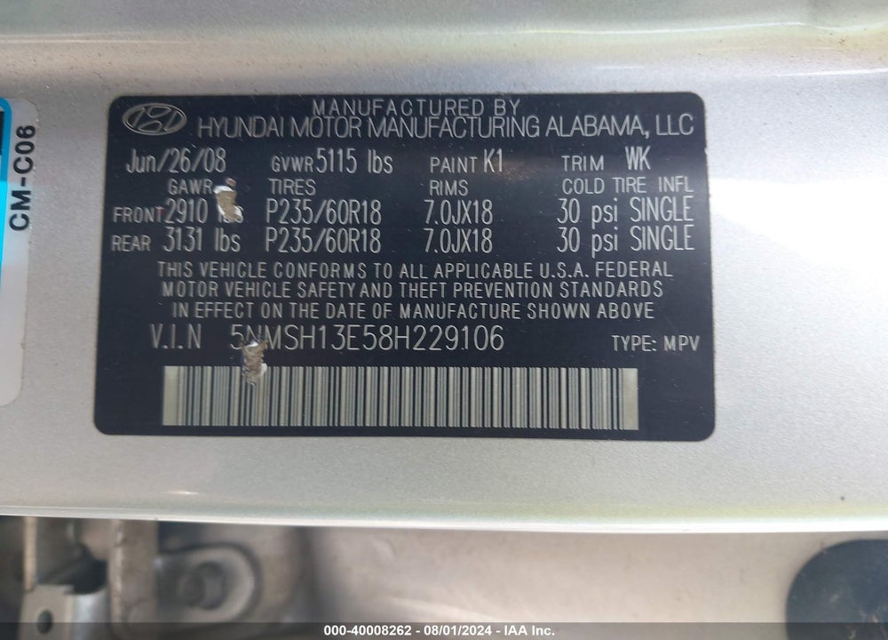 2008 HYUNDAI SANTA FE LIMITED/SE VIN: 5NMSH13E58H229106