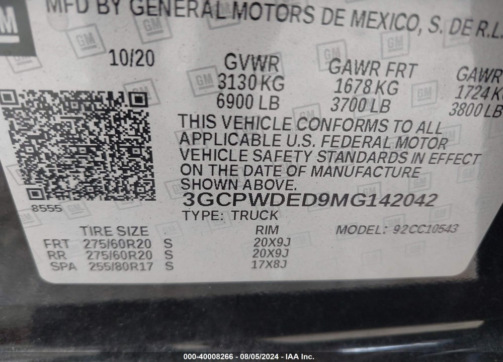 2021 CHEVROLET SILVERADO 1500 2WD SHORT BED RST VIN: 3GCPWDED9MG142042