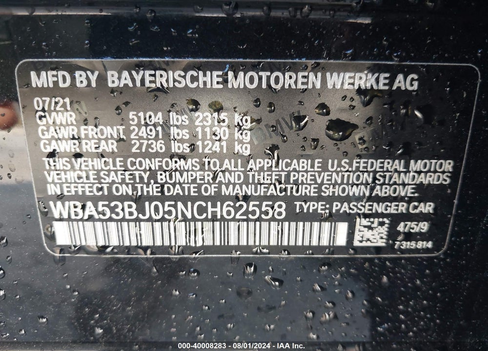 2022 BMW 540 I VIN: WBA53BJ05NCH62558