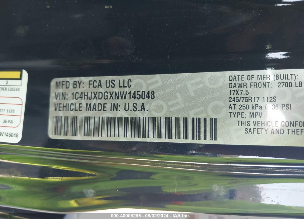 2022 JEEP WRANGLER UNLIMITED SPORT S 4X4 VIN: 1C4HJXDGXNW145048