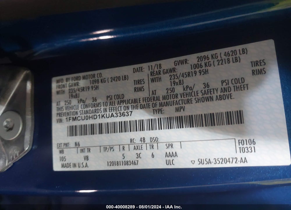 2019 FORD ESCAPE SEL VIN: 1FMCU0HD1KUA33637