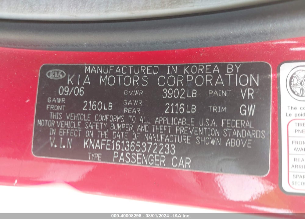 2006 KIA SPECTRA5 VIN: KNAFE161365372233