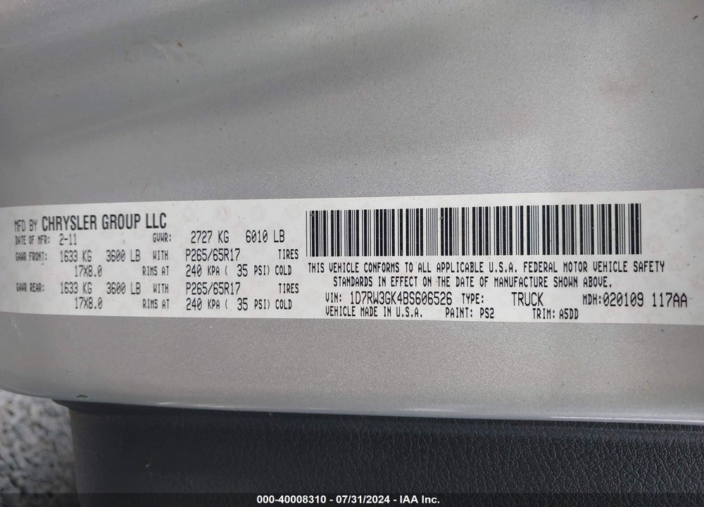 2011 RAM DAKOTA BIGHORN/LONESTAR VIN: 1D7RW3GK4BS606526