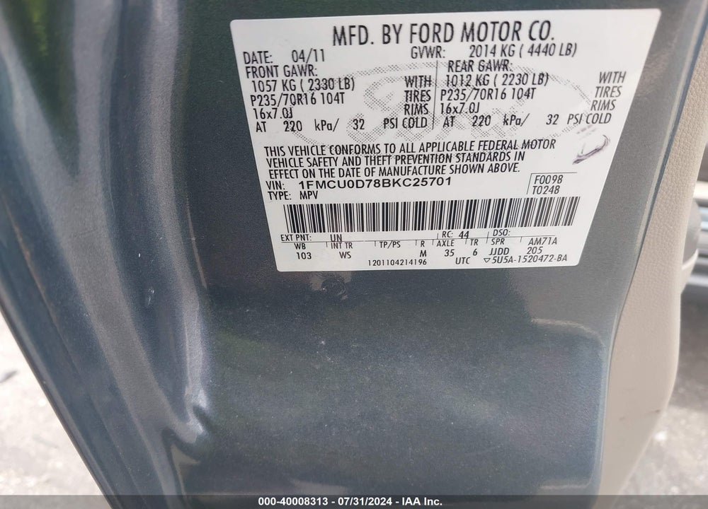 2011 FORD ESCAPE XLT VIN: 1FMCU0D78BKC25701