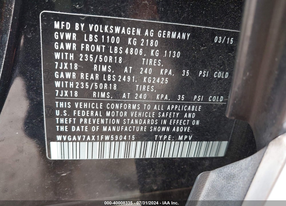 2015 VOLKSWAGEN TIGUAN SEL VIN: WVGAV7AX1FW590415