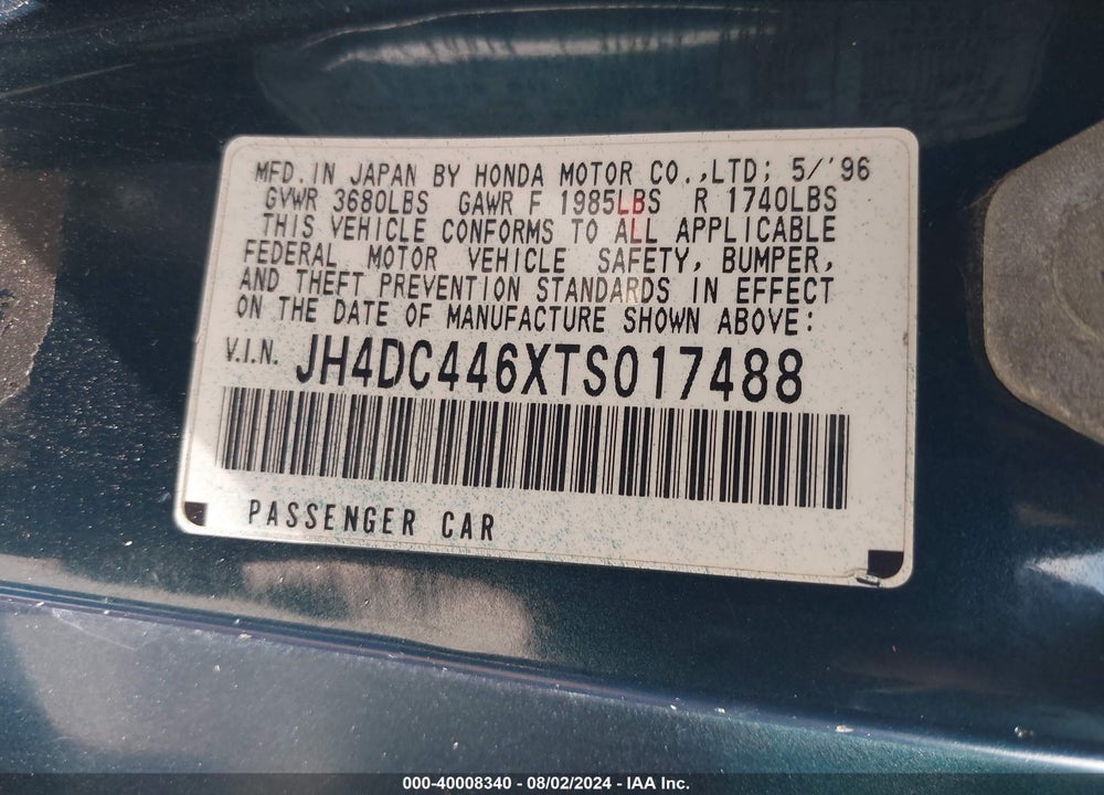 1996 ACURA INTEGRA SE VIN: JH4DC446XTS017488
