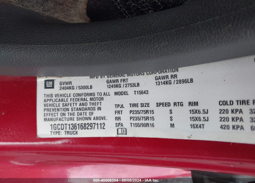 2006 CHEVROLET COLORADO LT VIN: 1GCDT136168297112