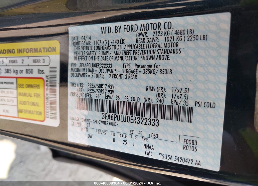 2014 FORD FUSION HYBRID SE VIN: 3FA6P0LU0ER322333