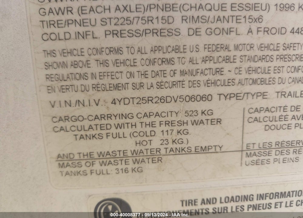 2013 KEYSTONE COUGAR VIN: 4YDT25R26DV506060