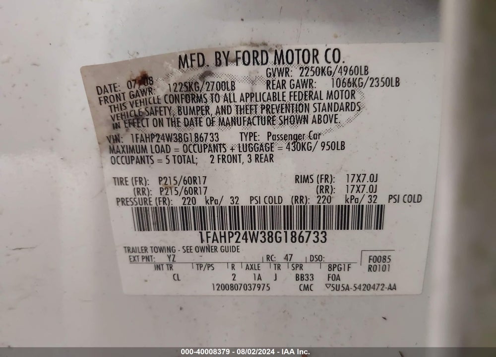 2008 FORD TAURUS SEL VIN: 1FAHP24W38G186733