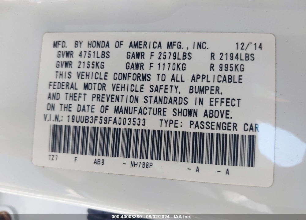 2015 ACURA TLX V6 TECH VIN: 19UUB3F59FA003533
