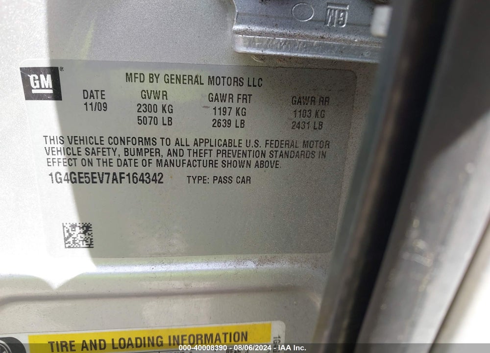 2010 BUICK LACROSSE CXS VIN: 1G4GE5EV7AF164342