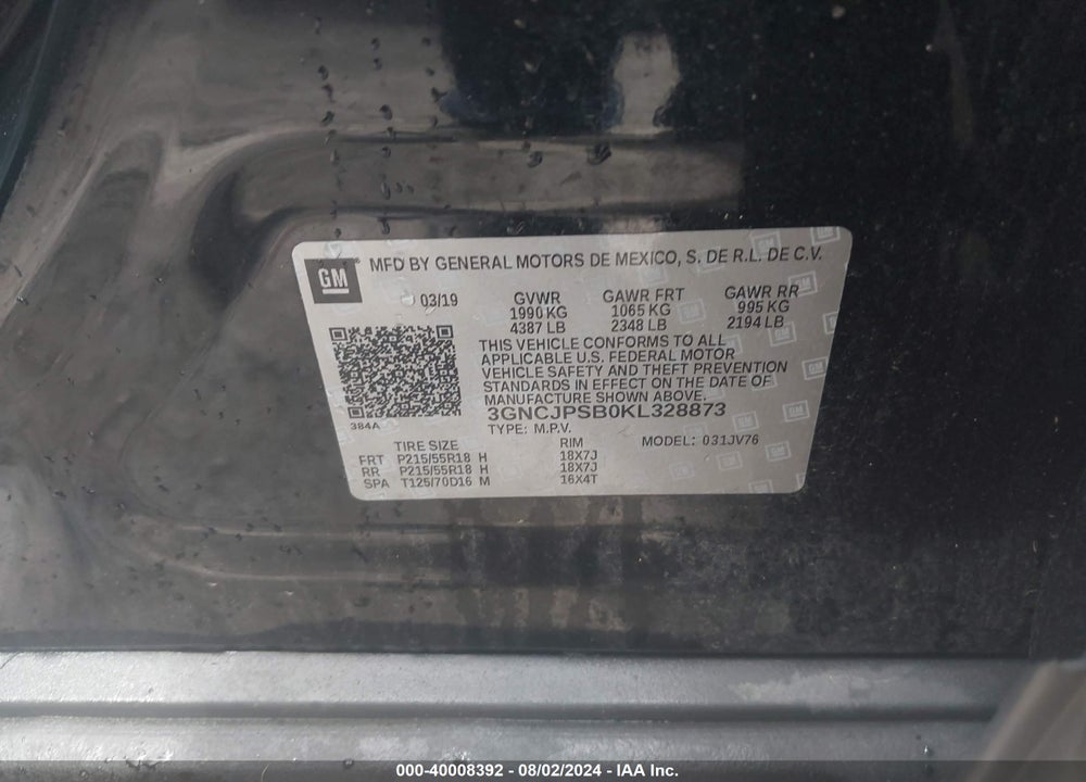 2019 CHEVROLET TRAX LT VIN: 3GNCJPSB0KL328873