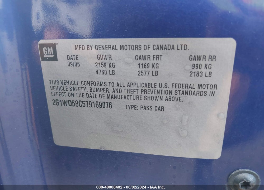2007 CHEVROLET IMPALA  SS VIN: 2G1WD58C579169076