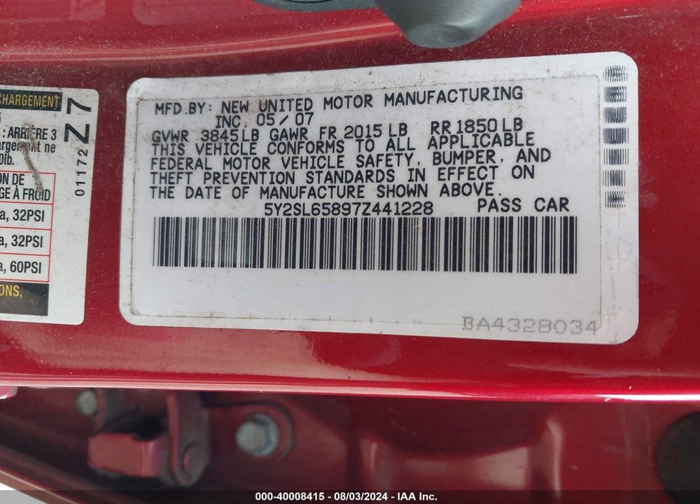 2007 PONTIAC VIBE VIN: 5Y2SL65897Z441228