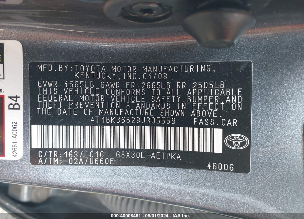 2008 TOYOTA AVALON LIMITED VIN: 4T1BK36B28U305559