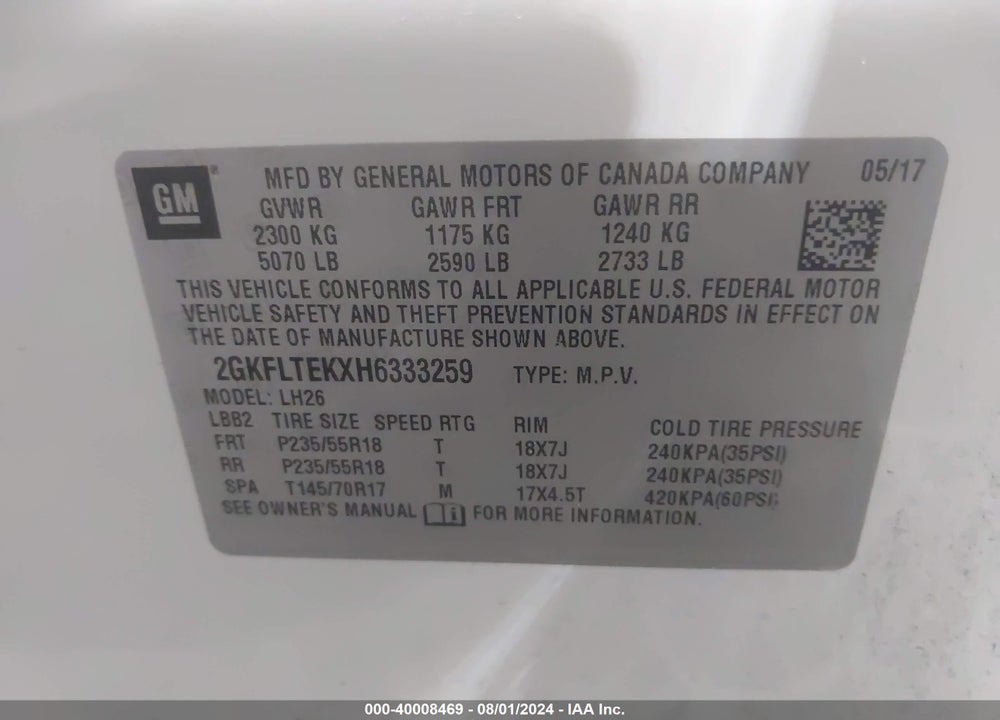 2017 GMC TERRAIN SLE-2 VIN: 2GKFLTEKXH6333259