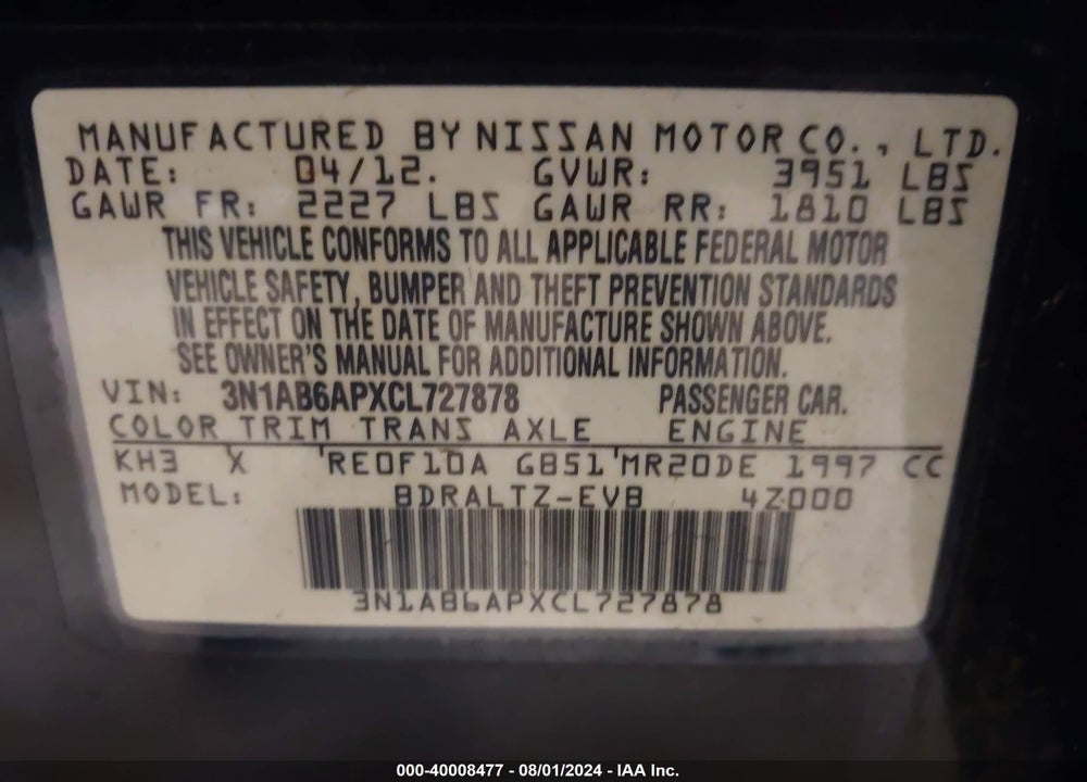 2012 NISSAN SENTRA 2.0 SR VIN: 3N1AB6APXCL727878