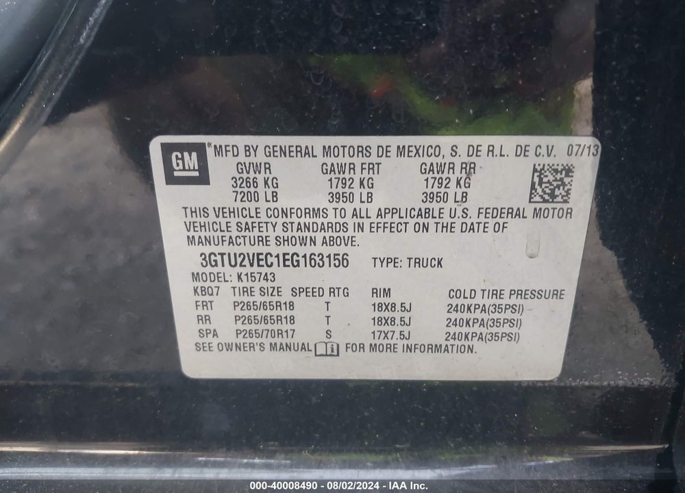 2014 GMC SIERRA 1500 SLT VIN: 3GTU2VEC1EG163156