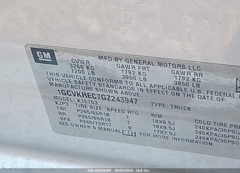 2016 CHEVROLET SILVERADO VIN: 1GCVKREC7GZ243947