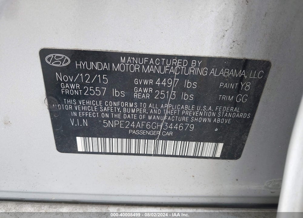 2016 HYUNDAI SONATA SE VIN: 5NPE24AF6GH344679