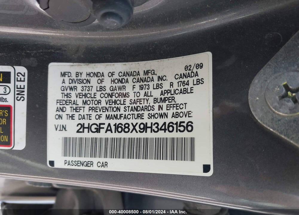 2009 HONDA CIVIC EX VIN: 2HGFA168X9H346156
