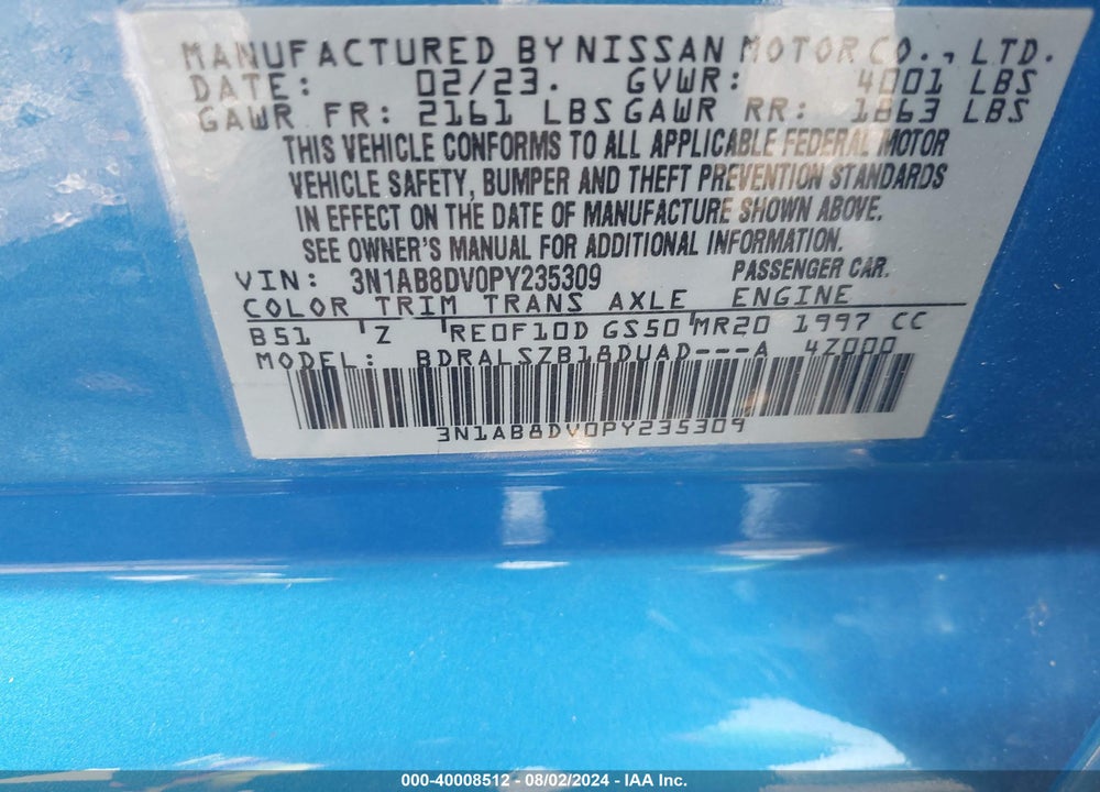 2023 NISSAN SENTRA SR XTRONIC CVT VIN: 3N1AB8DV0PY235309