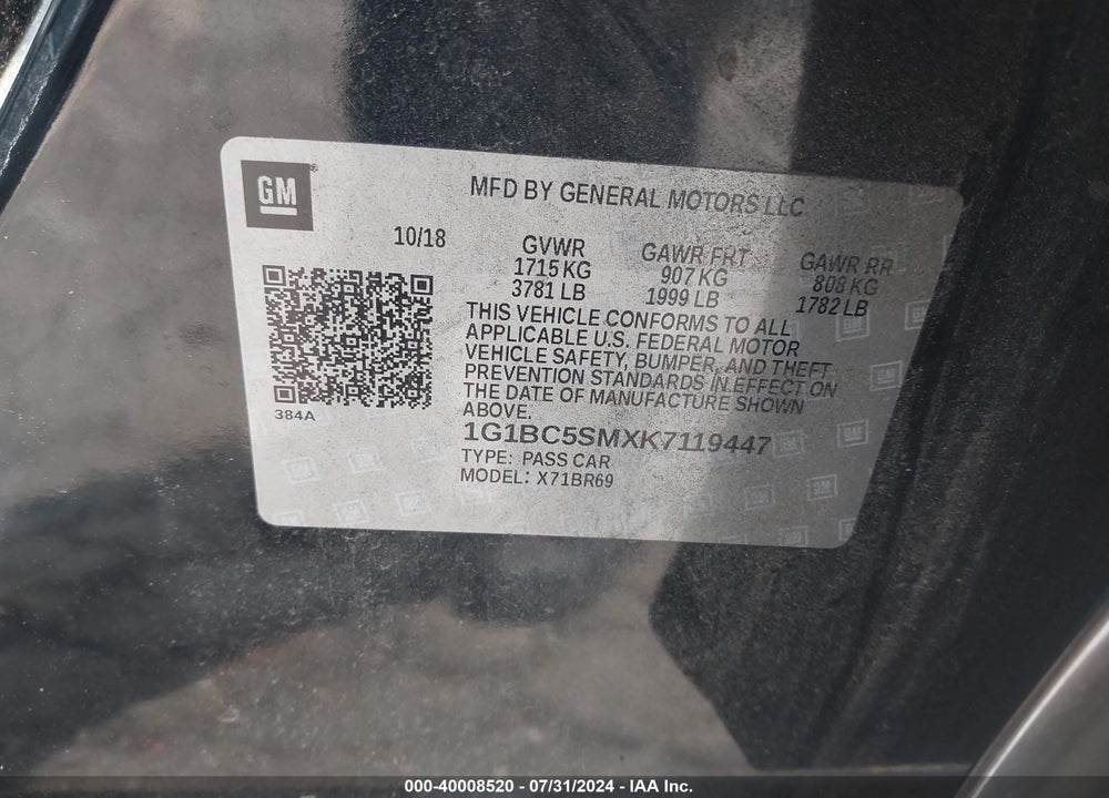2019 CHEVROLET CRUZE LS VIN: 1G1BC5SMXK7119447