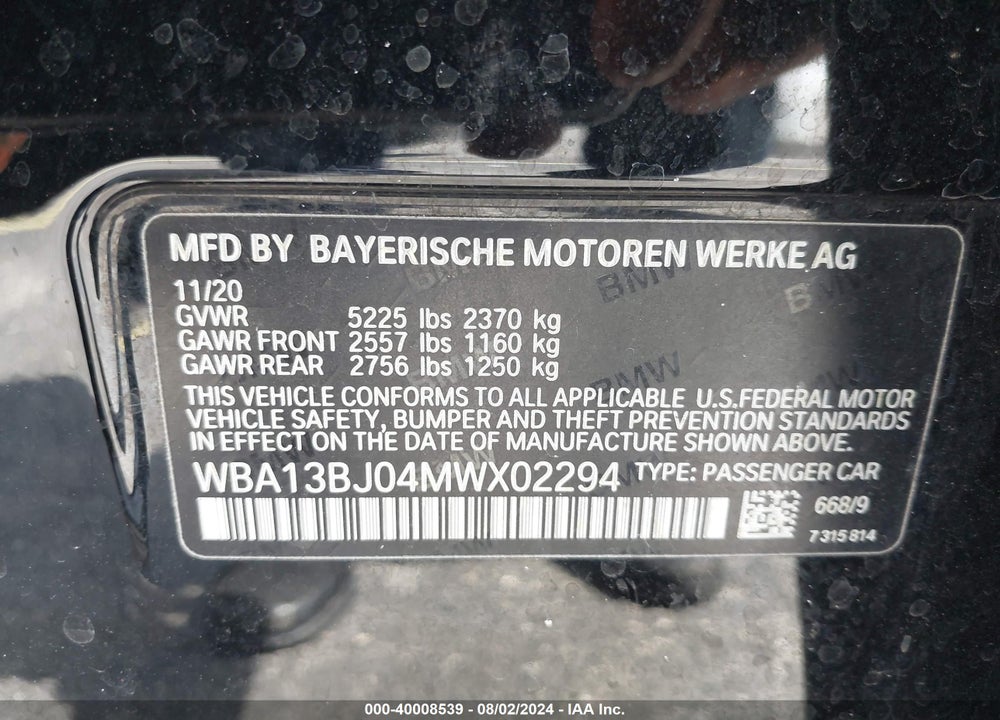 2021 BMW 530I XDRIVE VIN: WBA13BJ04MWX02294
