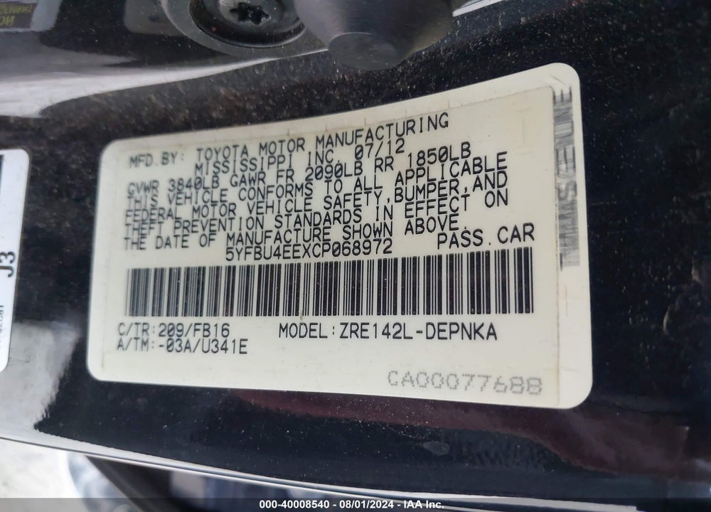 2012 TOYOTA COROLLA VIN: 5YFBU4EEXCP068972