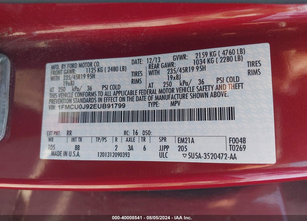 2014 FORD ESCAPE TITANIUM VIN: 1FMCU0J92EUB91799