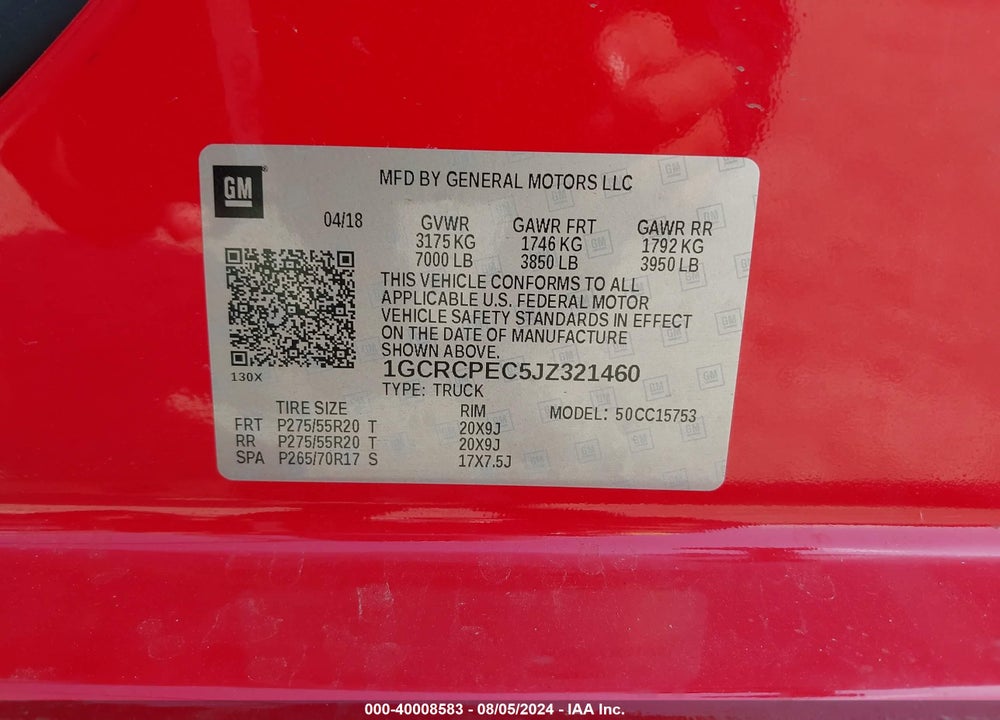 2018 CHEVROLET SILVERADO 1500 CUSTOM VIN: 1GCRCPEC5JZ321460