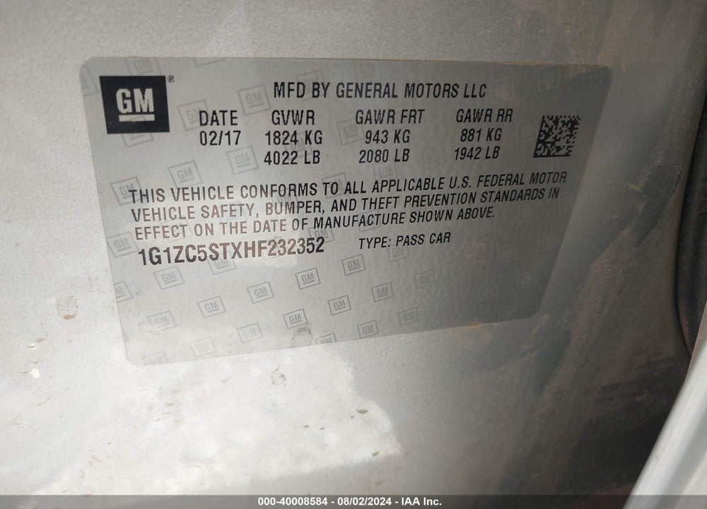 2017 CHEVROLET MALIBU 1FL VIN: 1G1ZC5STXHF232352