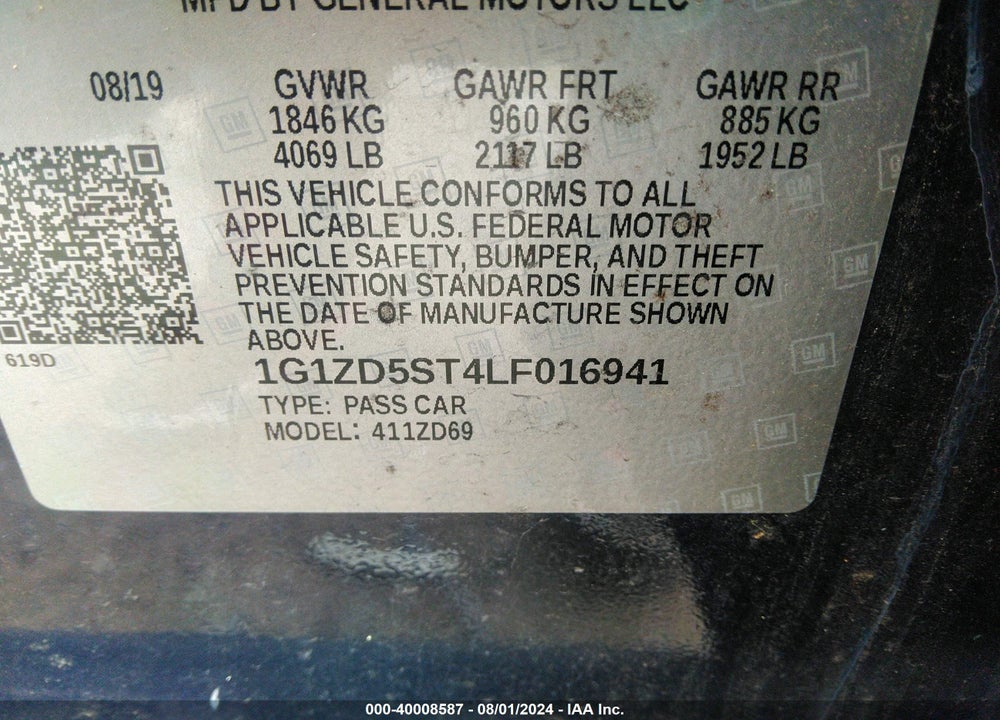 2020 CHEVROLET MALIBU FWD LT VIN: 1G1ZD5ST4LF016941