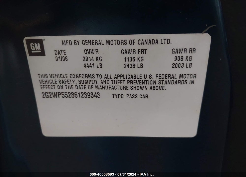 2006 PONTIAC GRAND PRIX VIN: 2G2WP552861239343