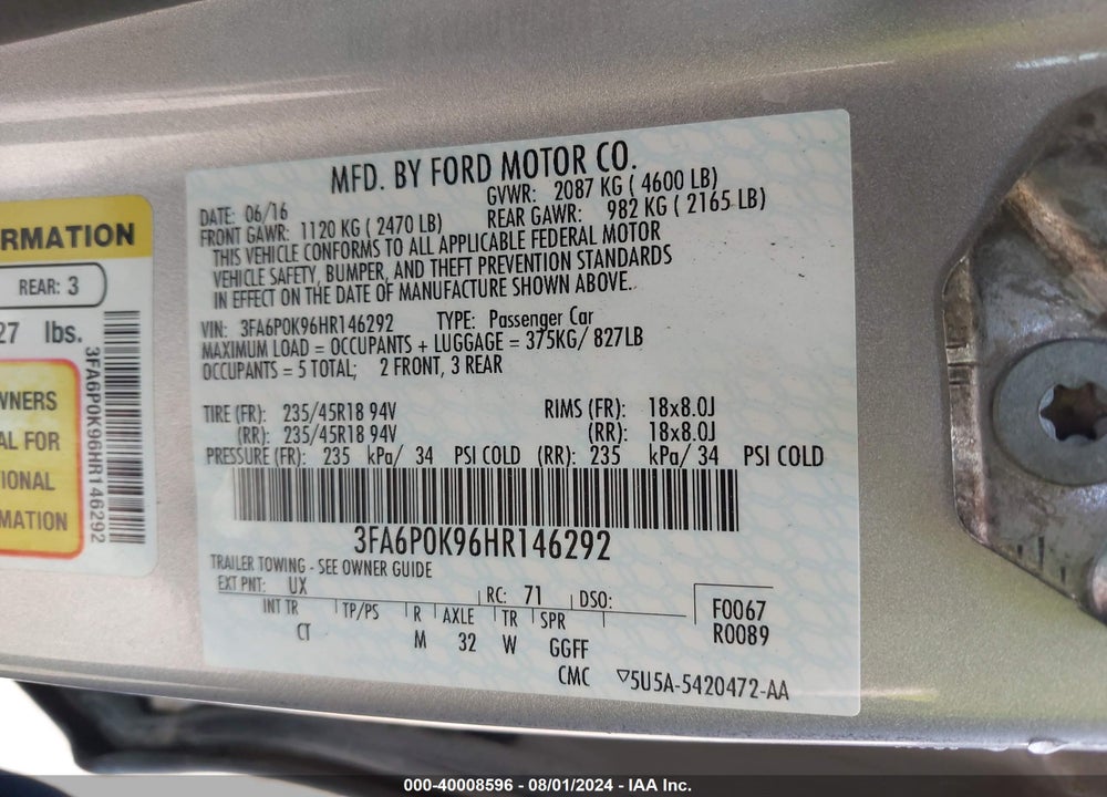 2017 FORD FUSION TITANIUM VIN: 3FA6P0K96HR146292