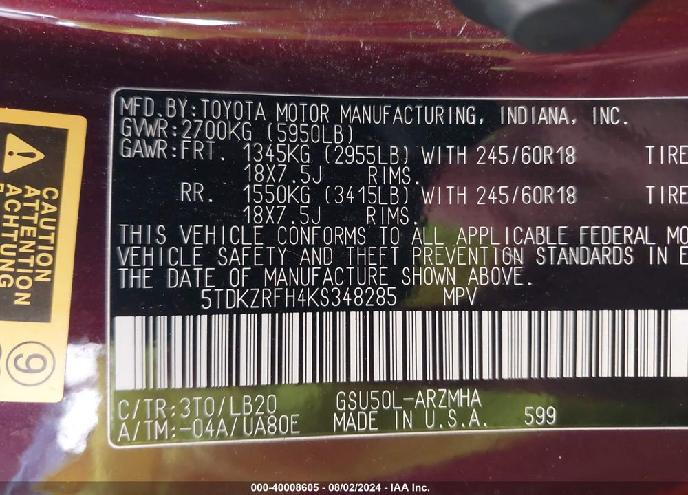 2019 TOYOTA HIGHLANDER XLE VIN: 5TDKZRFH4KS348285