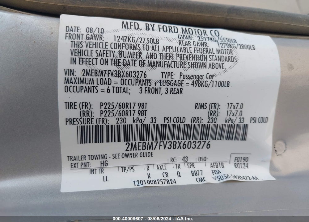 2011 MERCURY GRAND MARQUIS LS VIN: 2MEBM7FV3BX603276