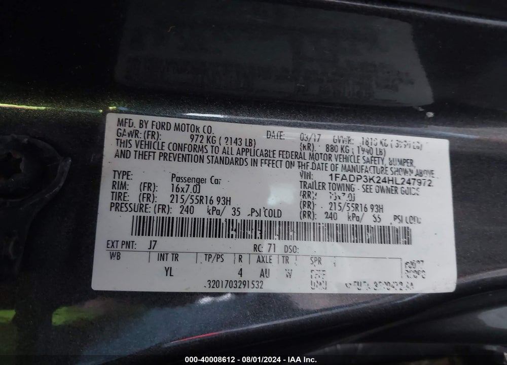 2017 FORD FOCUS SE VIN: 1FADP3K24HL247972