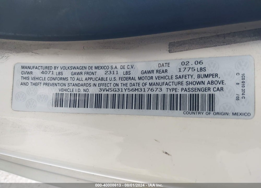 2006 VOLKSWAGEN NEW BEETLE 2.5 VIN: 3VWSG31Y56M317673