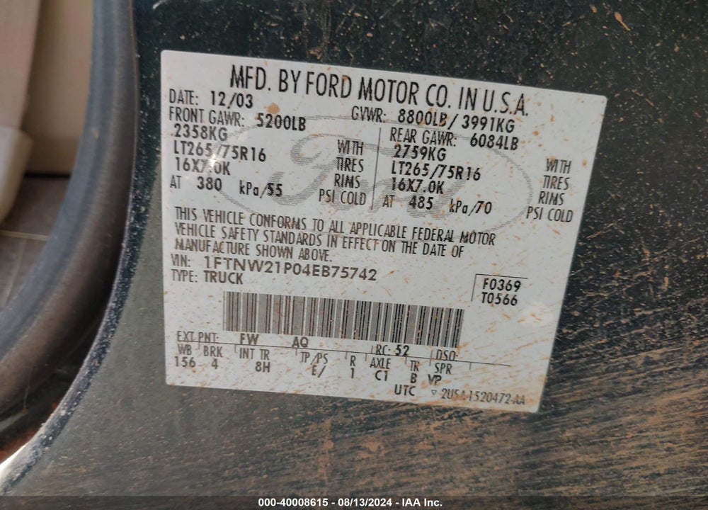 2004 FORD F-250 LARIAT/XL/XLT VIN: 1FTNW21P04EB75742