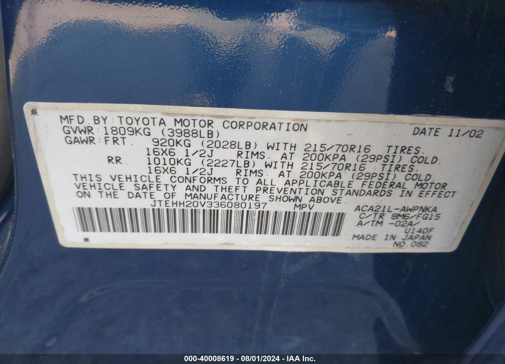 2003 TOYOTA RAV4 VIN: JTEHH20V336080197