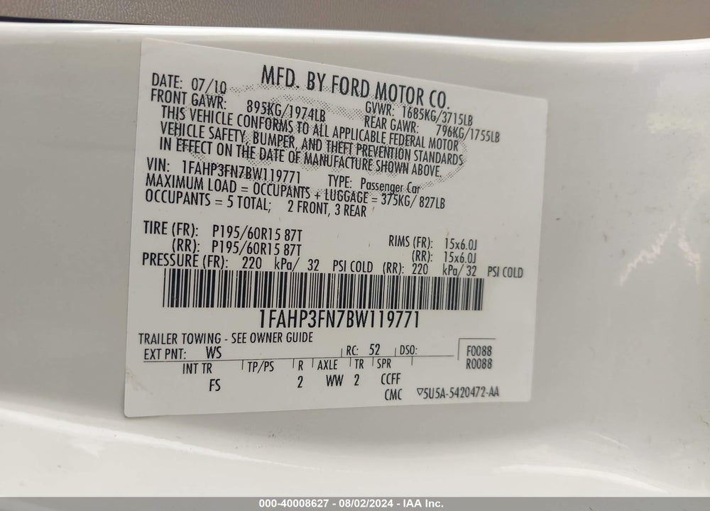 2011 FORD FOCUS SE VIN: 1FAHP3FN7BW119771