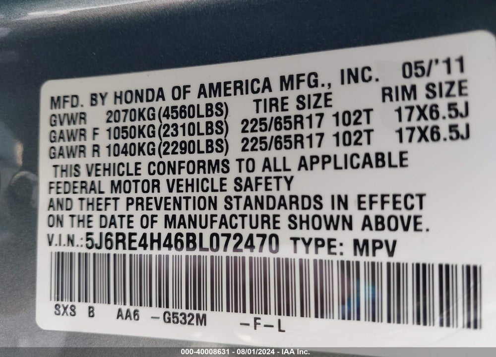 2011 HONDA CR-V SE VIN: 5J6RE4H46BL072470