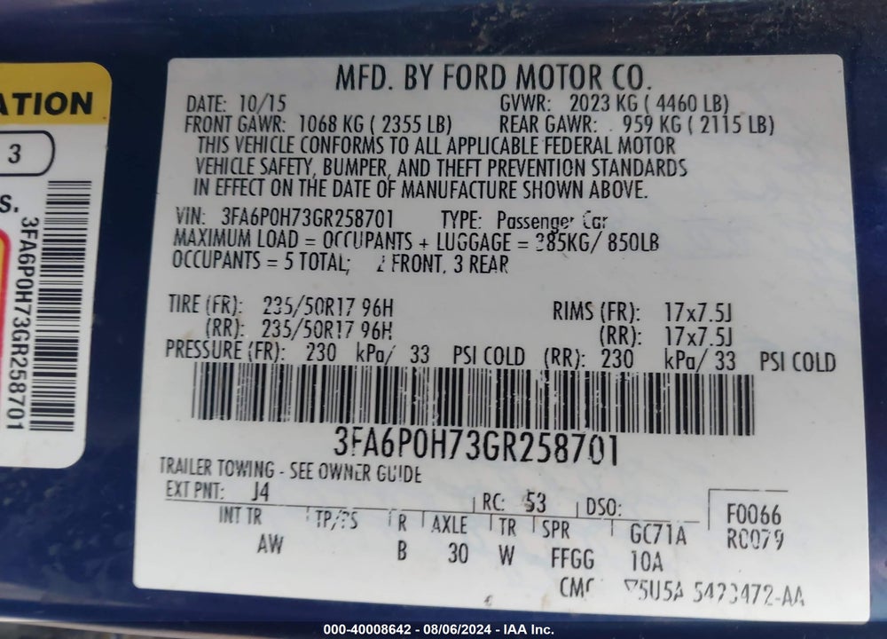 2016 FORD FUSION SE VIN: 3FA6P0H73GR258701